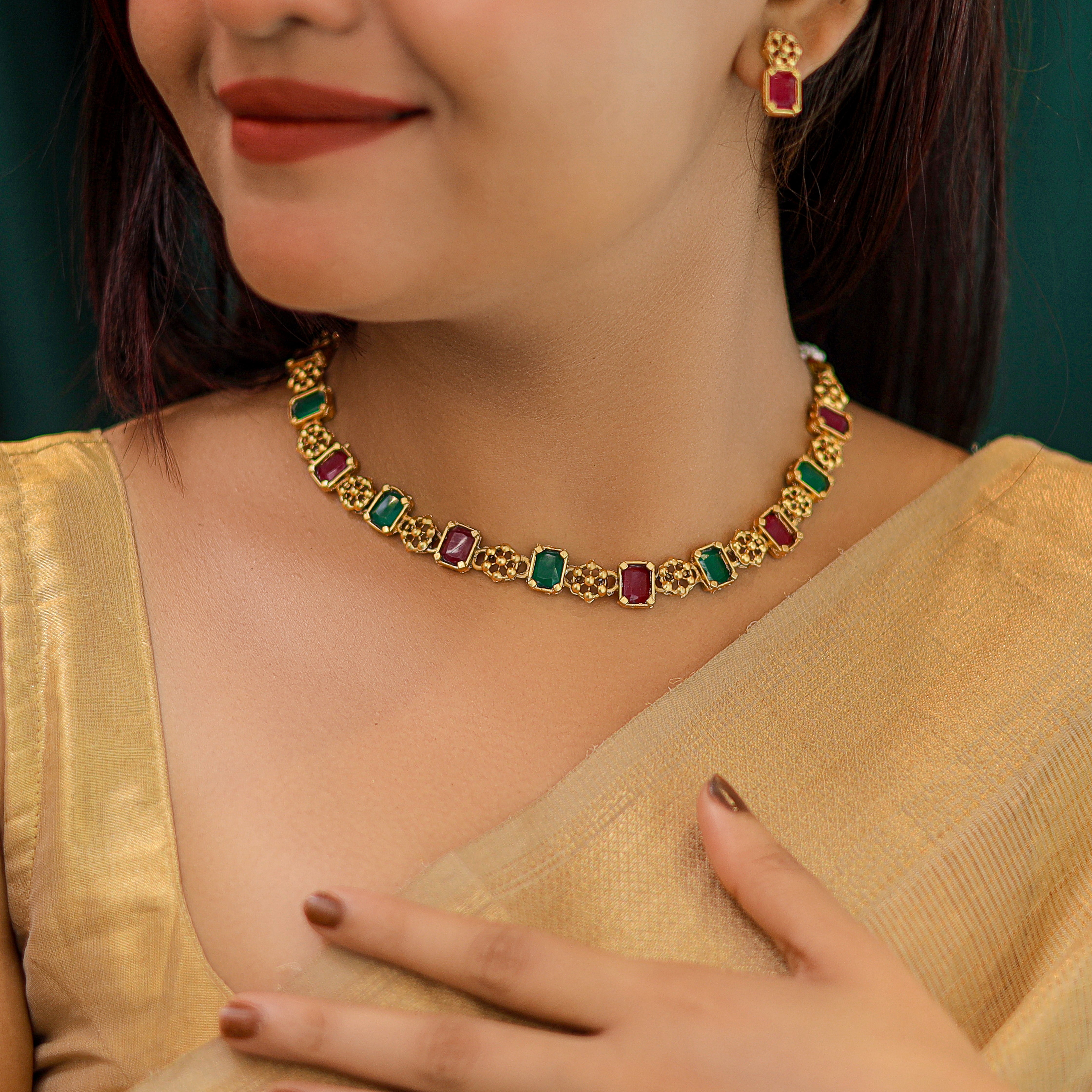 Yukti Golden Flower Glossy Rectangle Neckpiece With Earring