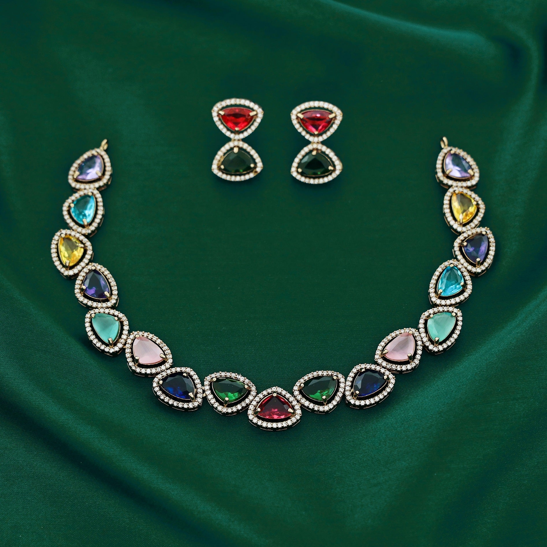 Premium Gems Triangle Short Neckpiece With Earring