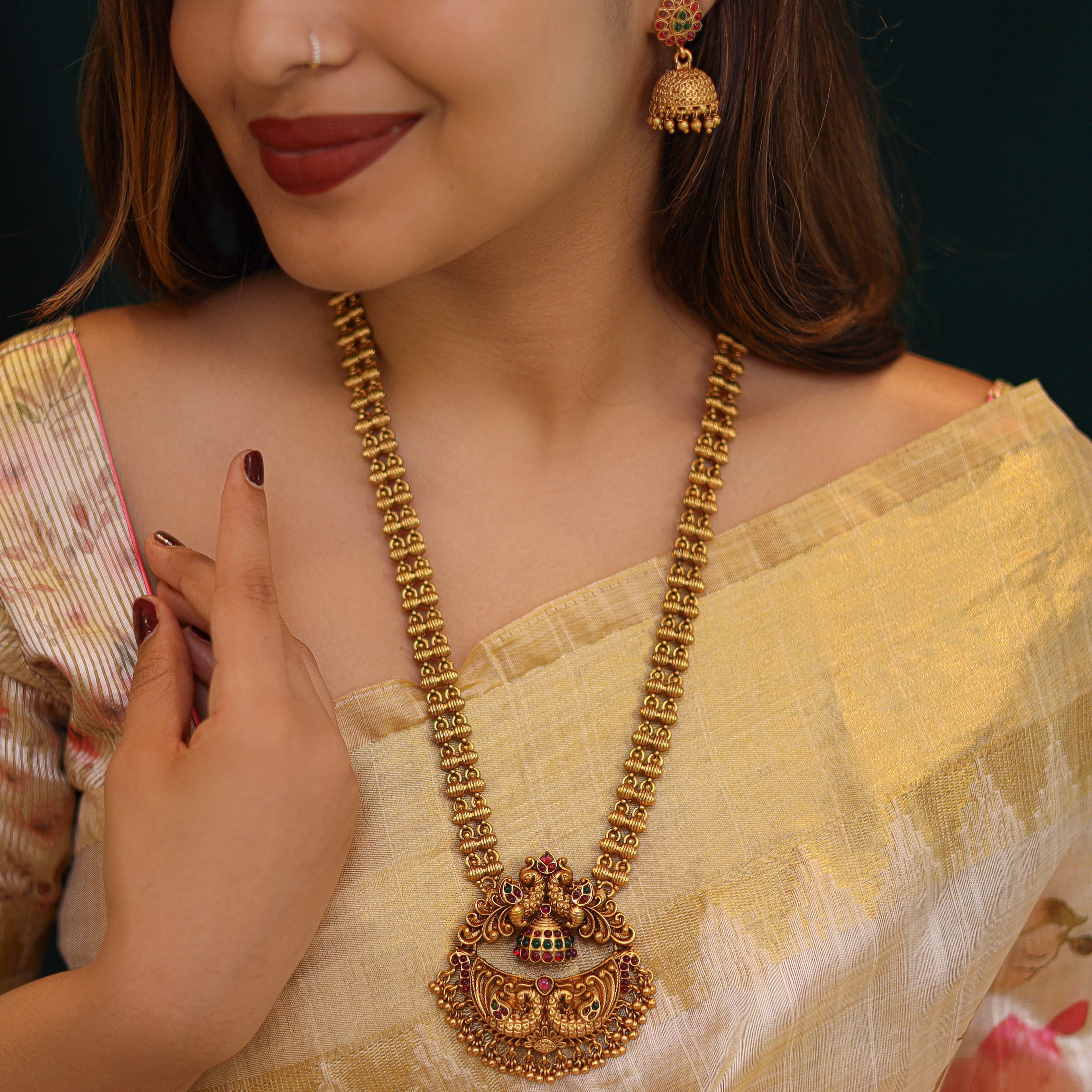 Akshita Dual Peacock Pendant Long Haram With Jhumka