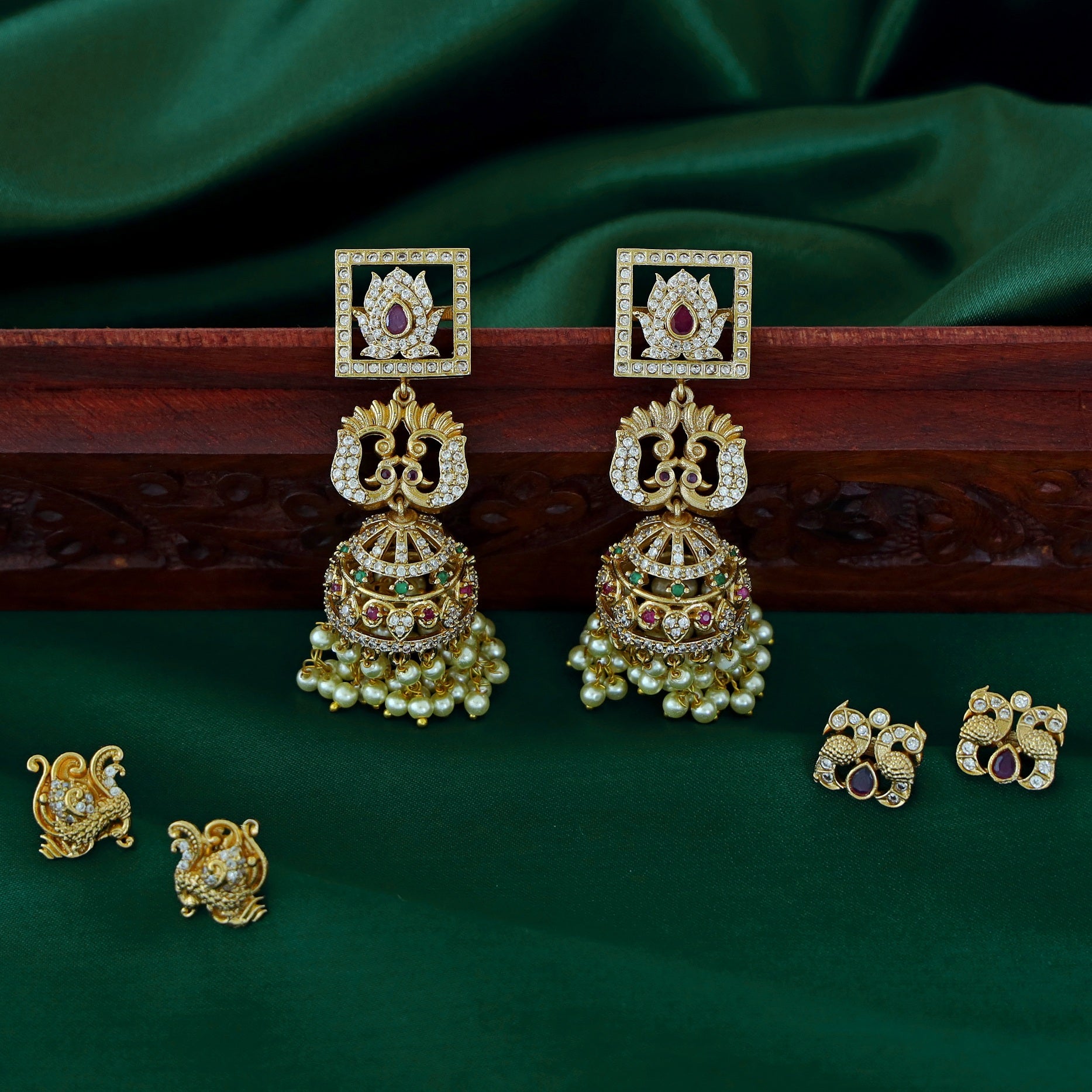 Maithili Square Ball Pearl Jhumka (Interchangeable Studs)