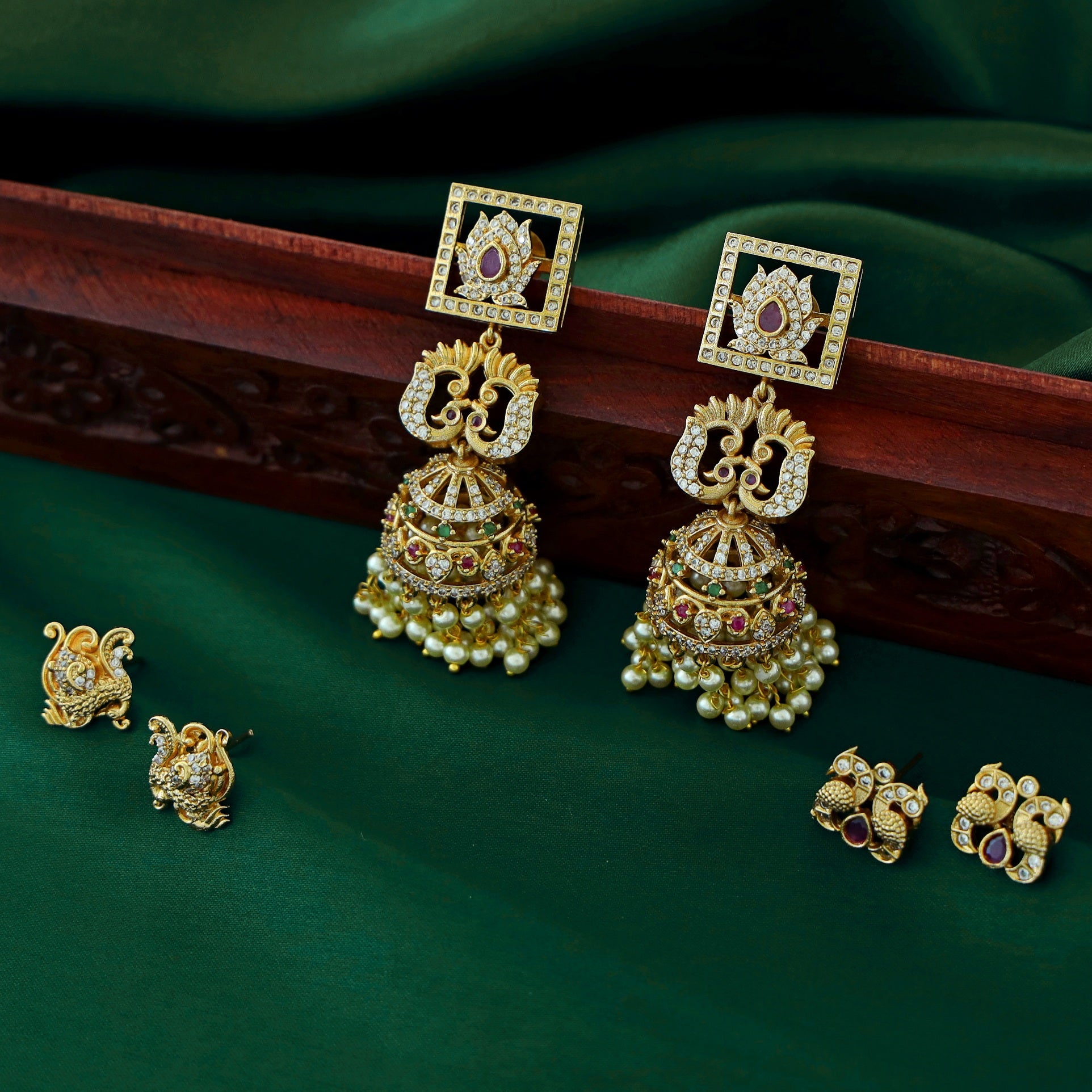 Maithili Square Ball Pearl Jhumka (Interchangeable Studs)