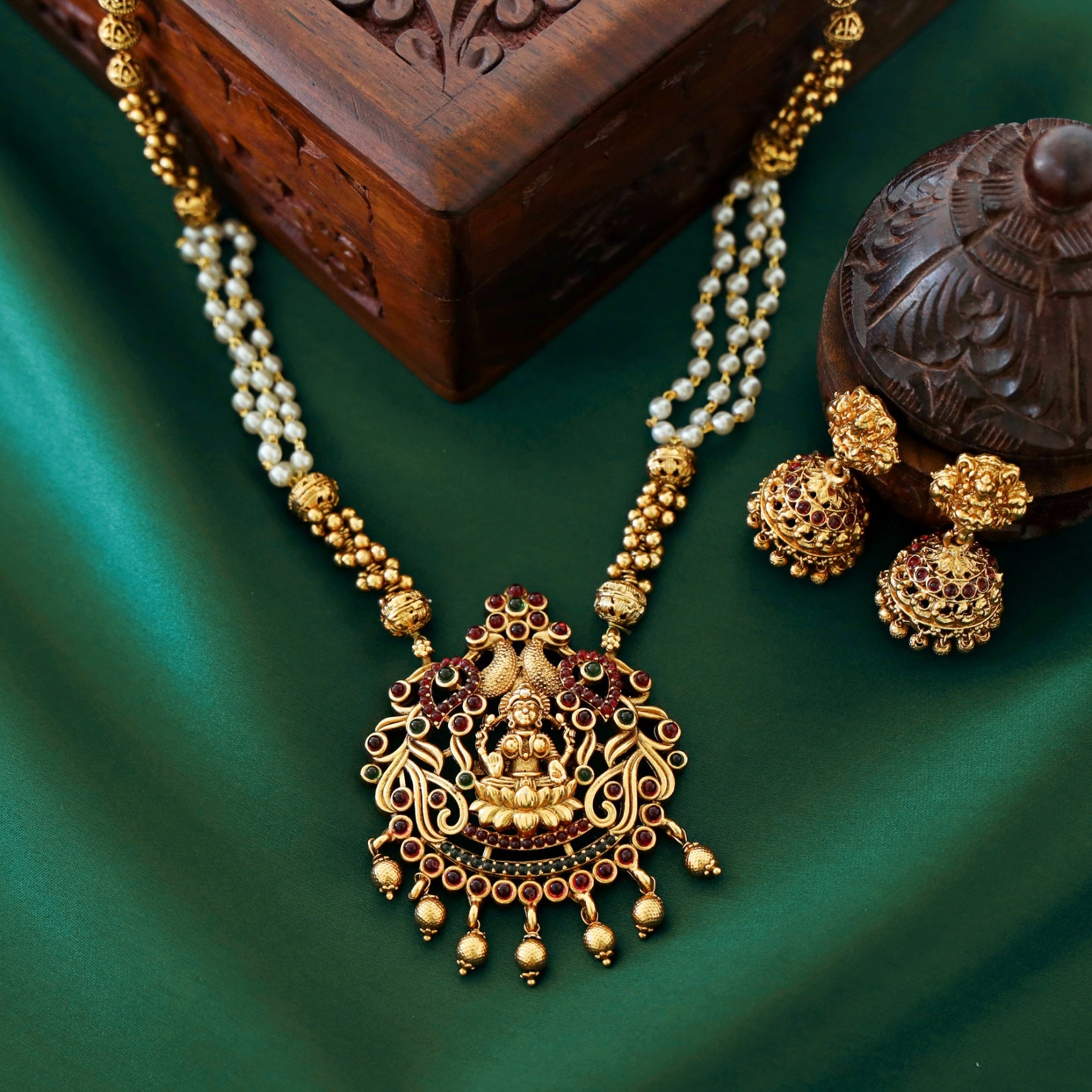 Rukmini Devi Pearl Ball Pendant Neckpiece With Jhumka