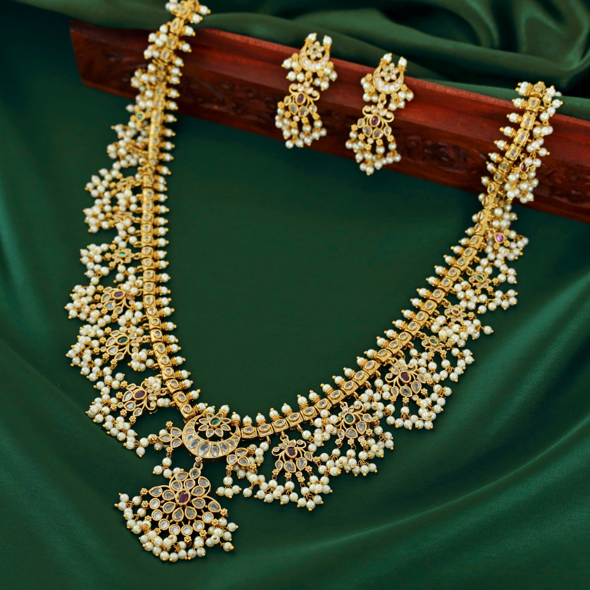 Ganishka Golden Crescent Pearl Long Neckpiece with Earring