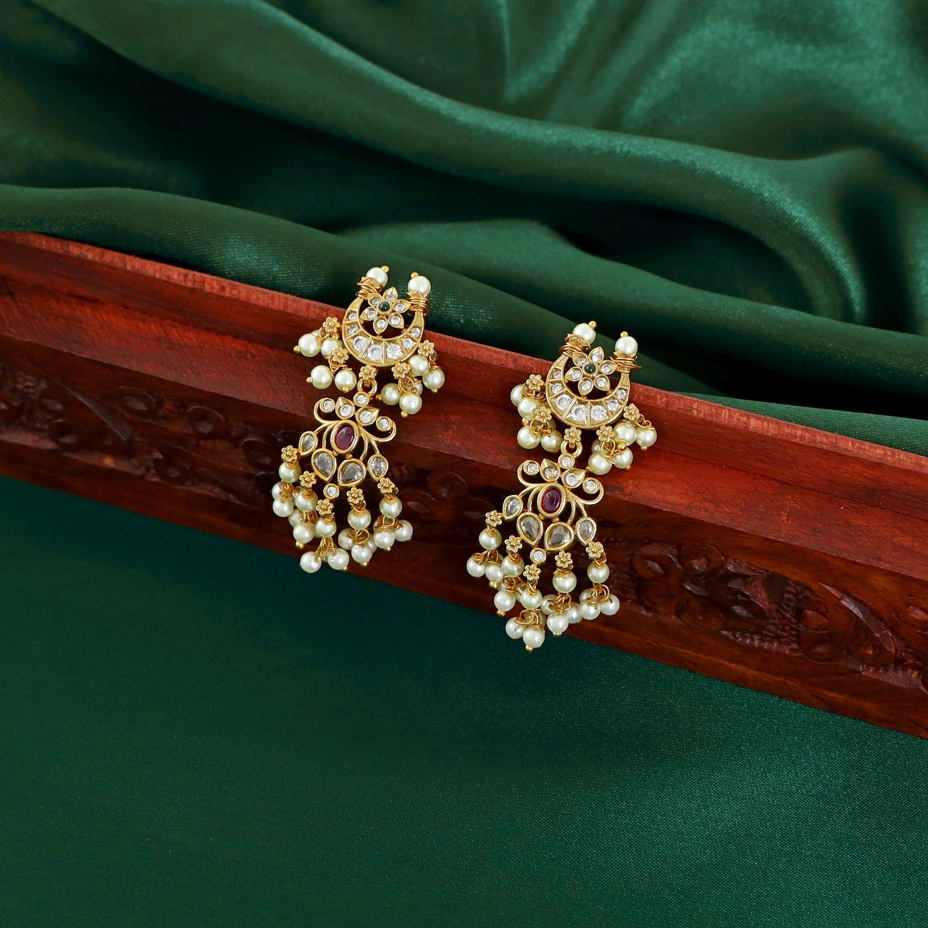 Ganishka Golden Crescent Pearl Long Neckpiece with Earring