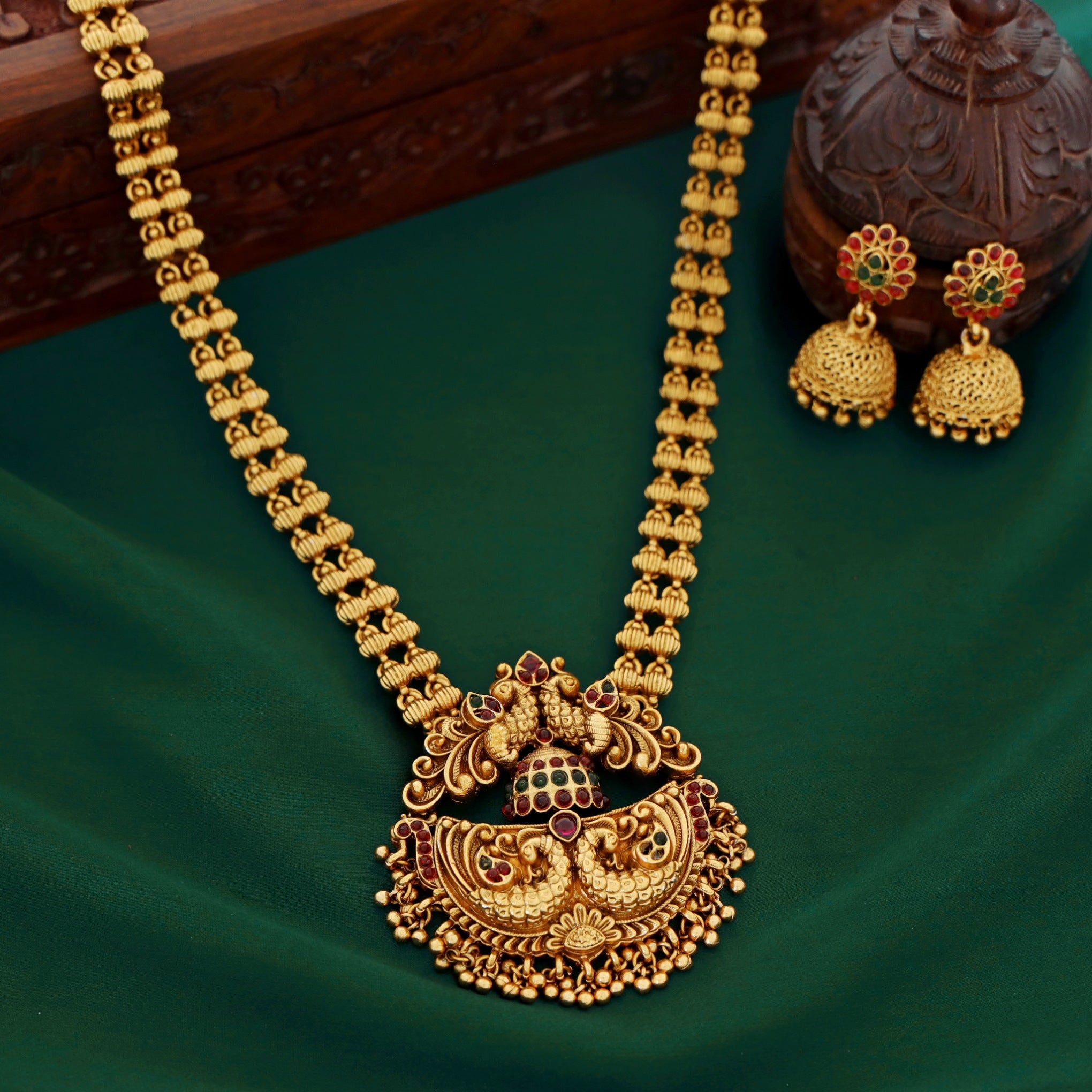 Akshita Dual Peacock Pendant Long Haram With Jhumka