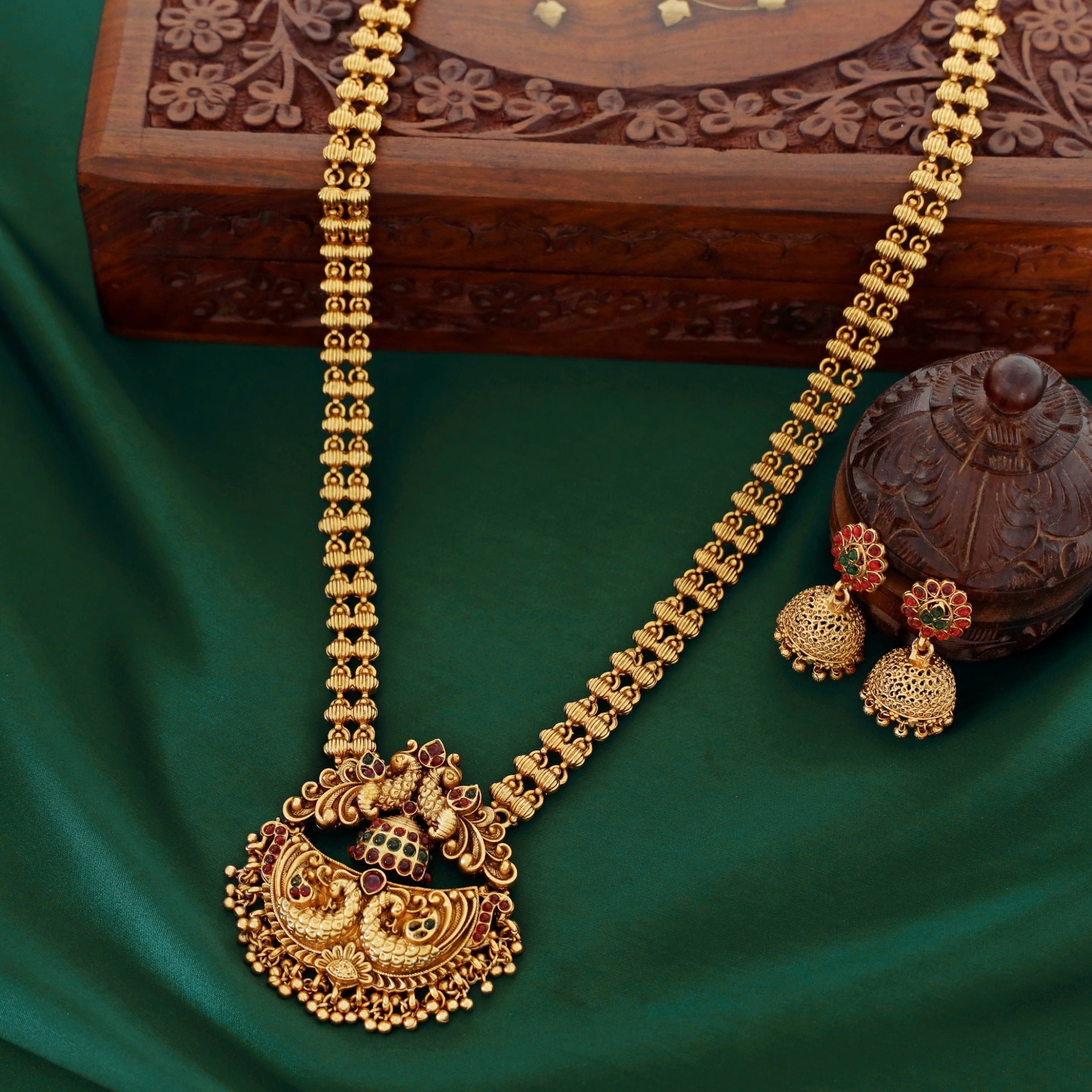 Akshita Dual Peacock Pendant Long Haram With Jhumka