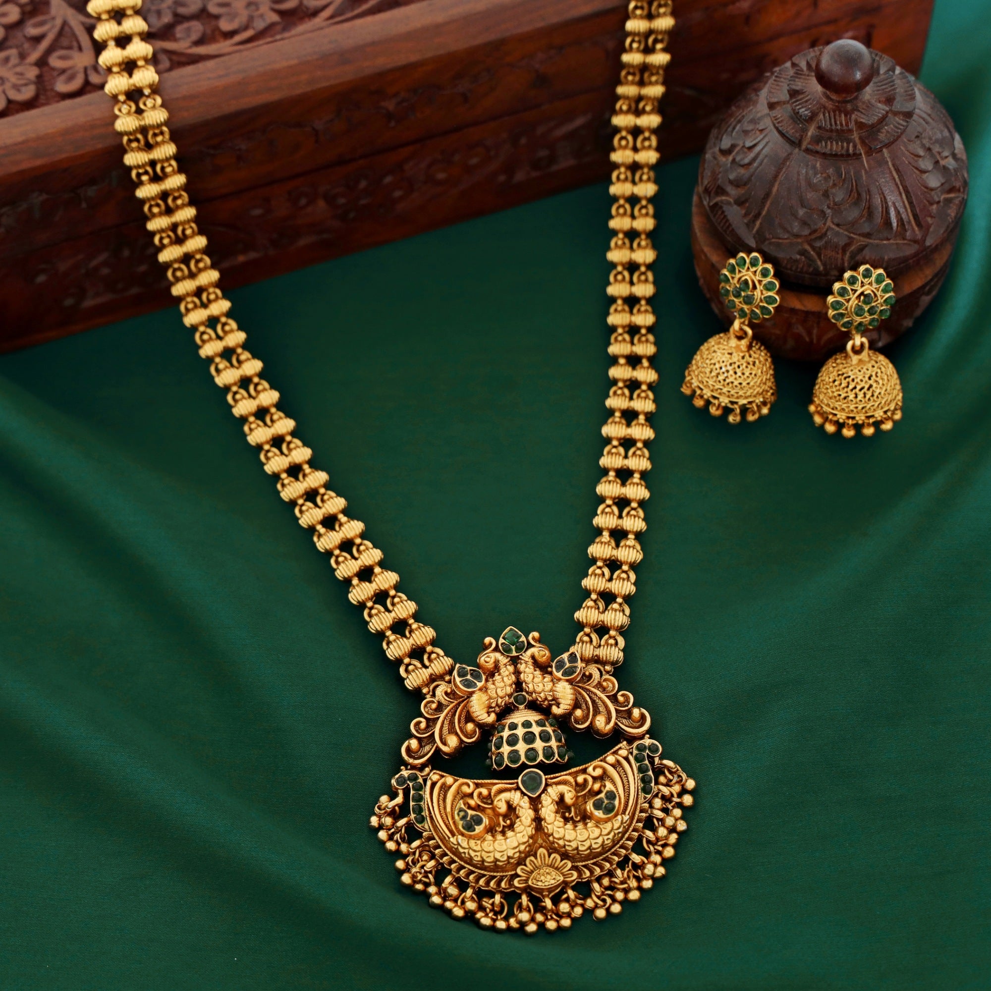 Akshita Dual Peacock Pendant Long Haram With Jhumka