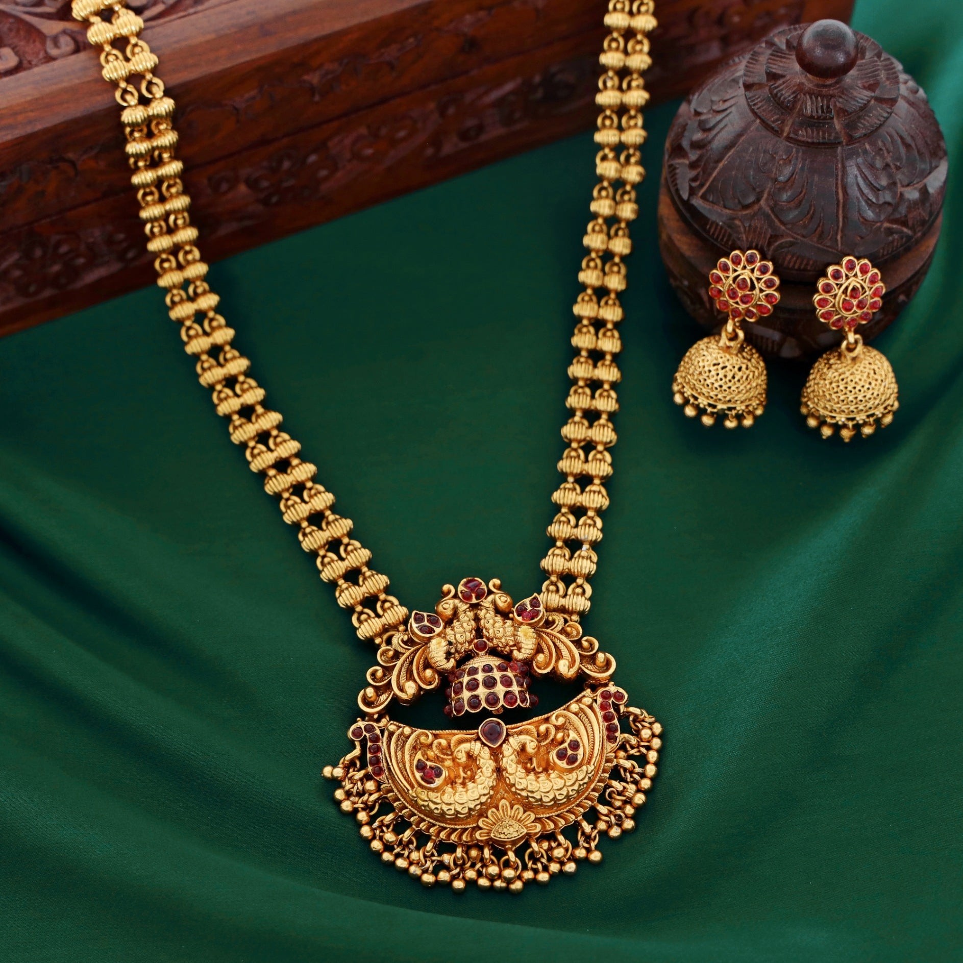 Akshita Dual Peacock Pendant Long Haram With Jhumka