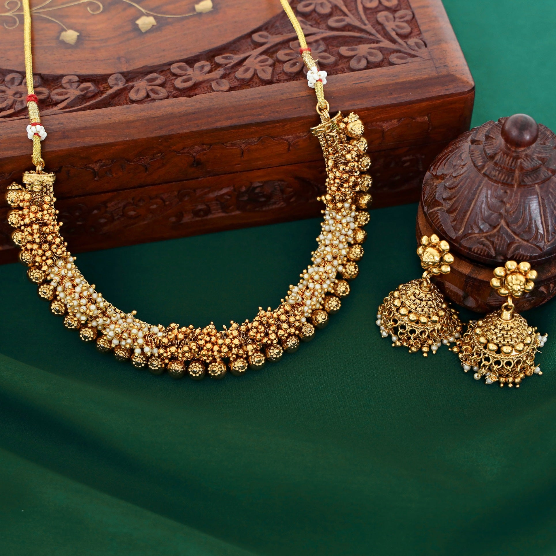 Falguni Golden Pearl Cluster Neckpiece With Jhumka