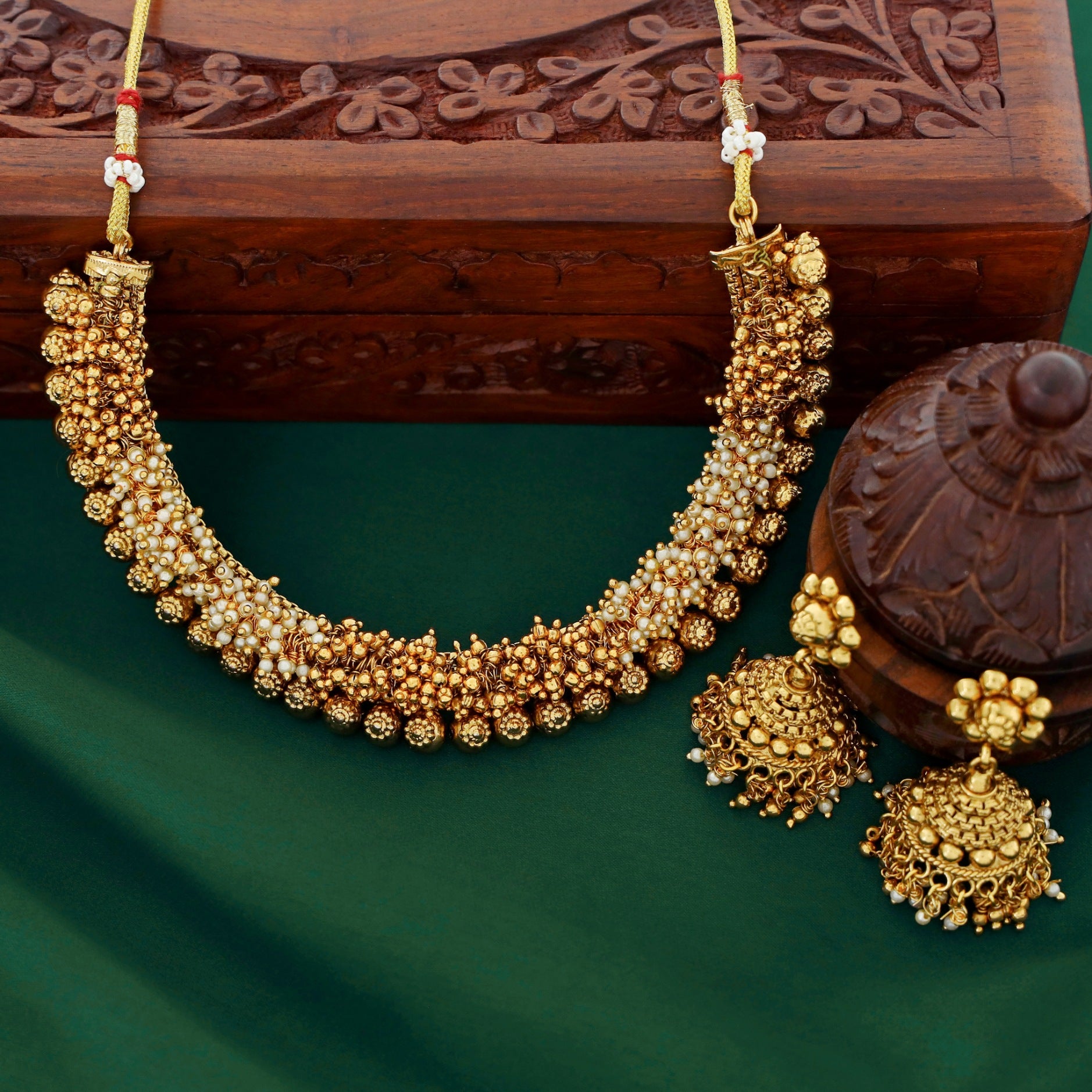 Falguni Golden Pearl Cluster Neckpiece With Jhumka