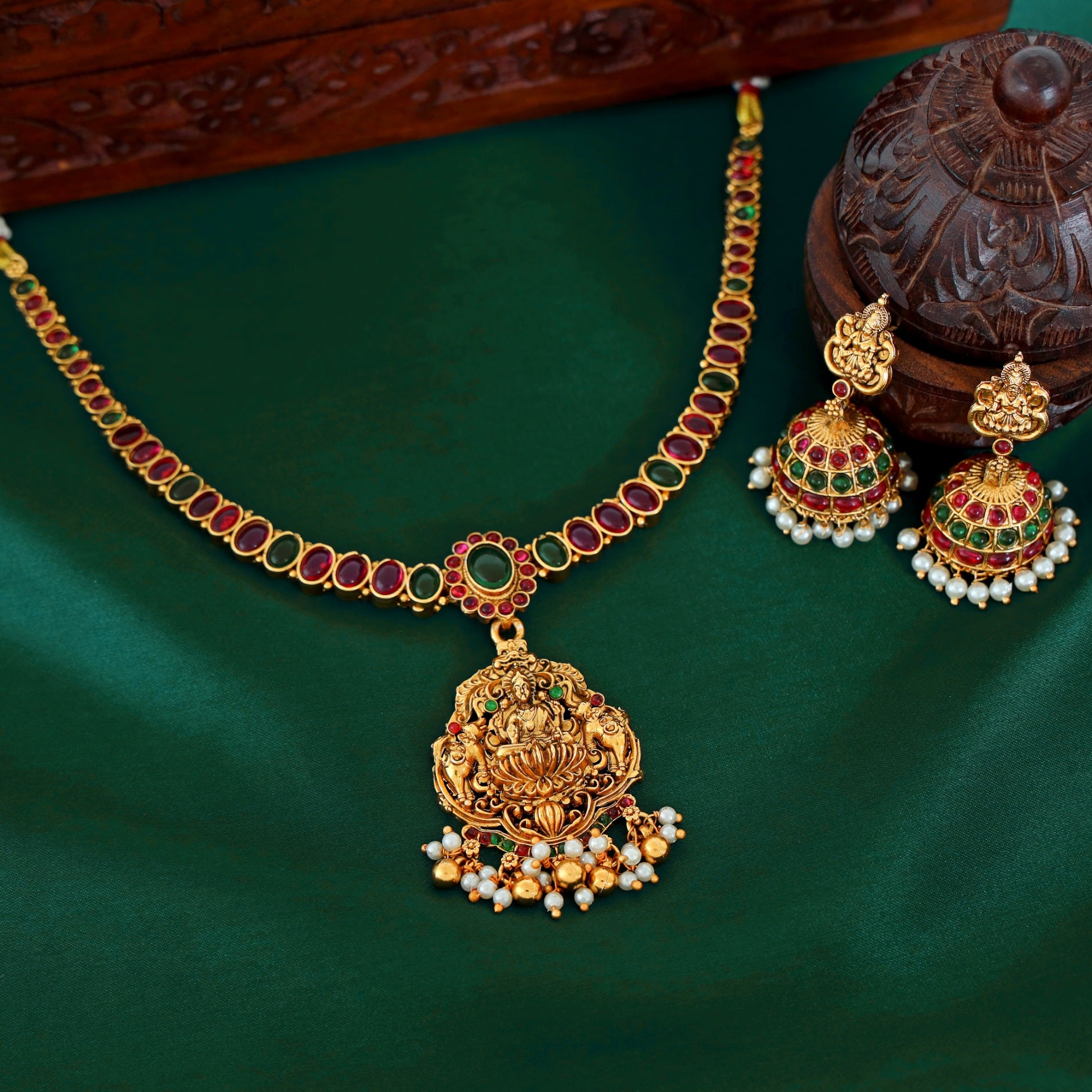 Antara Kemp Stone Lakshmi Pearl Pendant Neckpiece With Jhumka