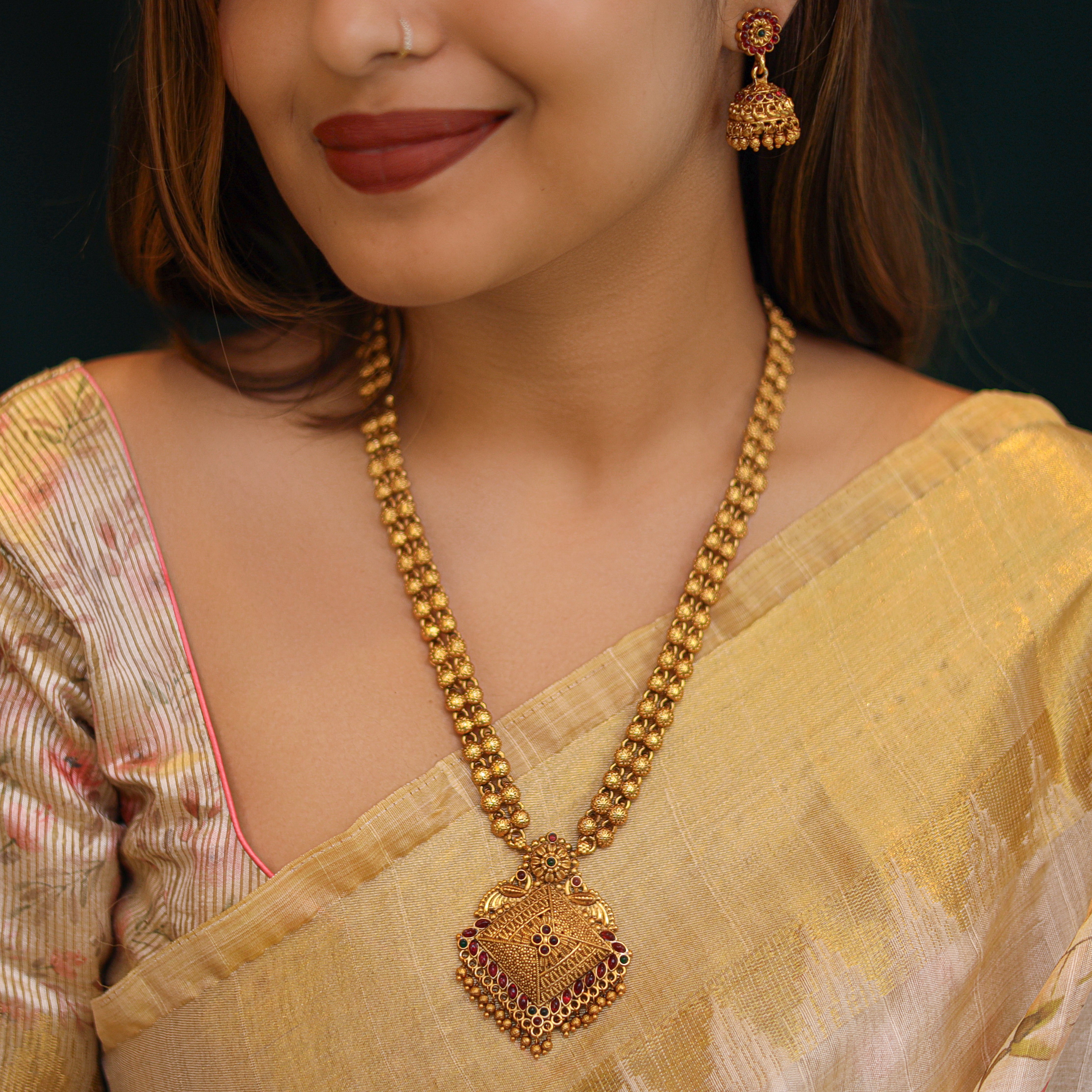 Laasya Diamond Ball Pendant Long Haram With Jhumka