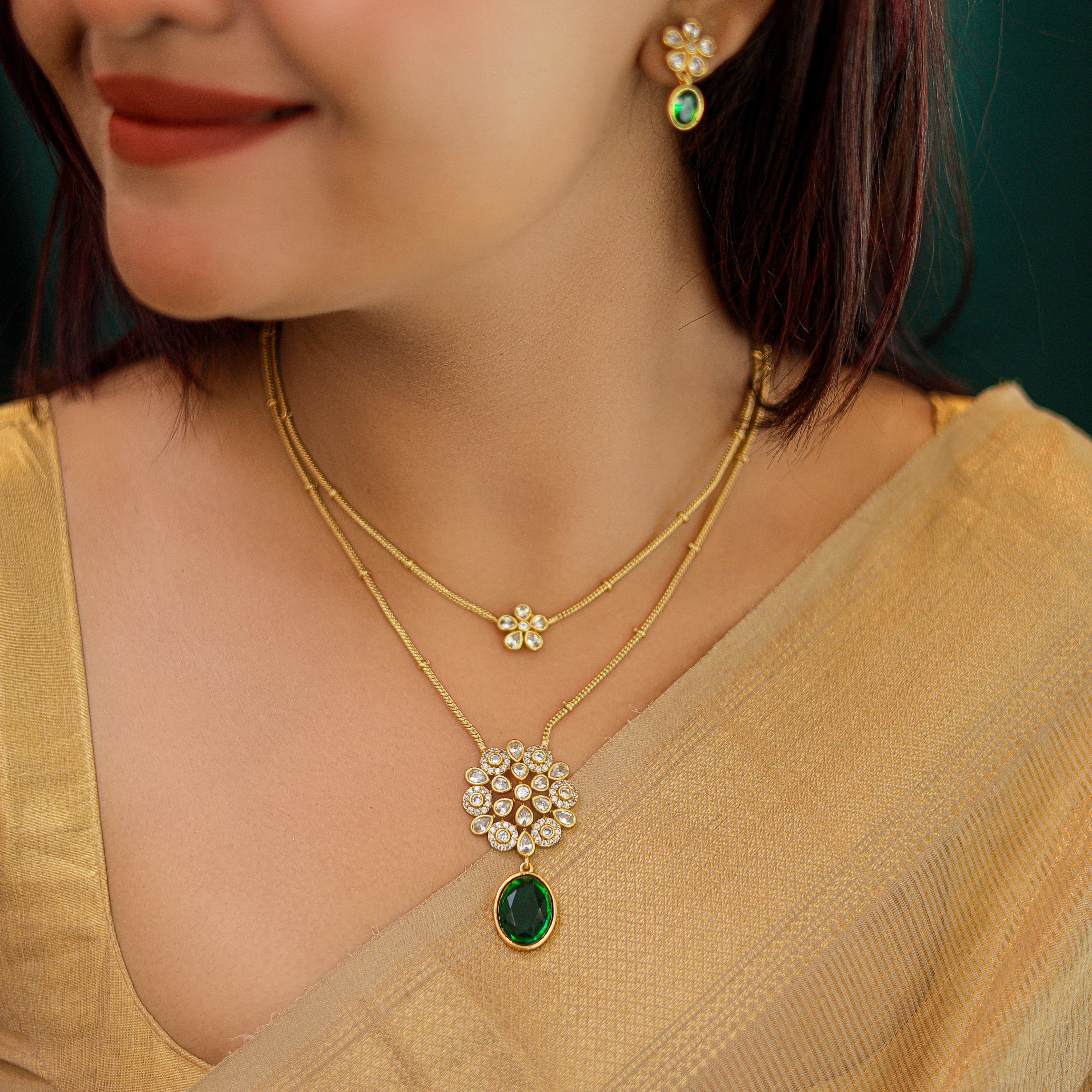 Geetika Golden 2 Layer Neckpiece With Earring