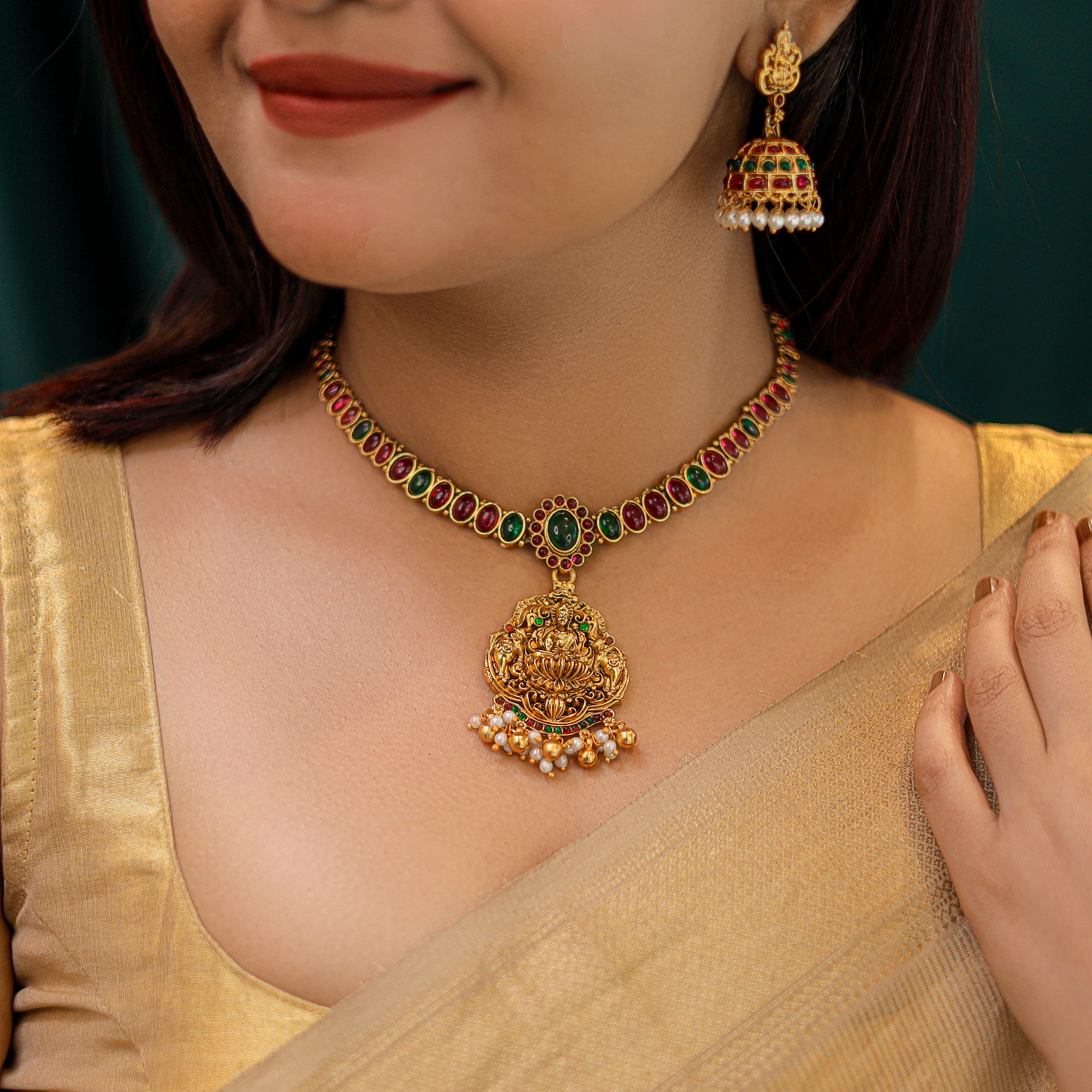 Antara Kemp Stone Lakshmi Pearl Pendant Neckpiece With Jhumka