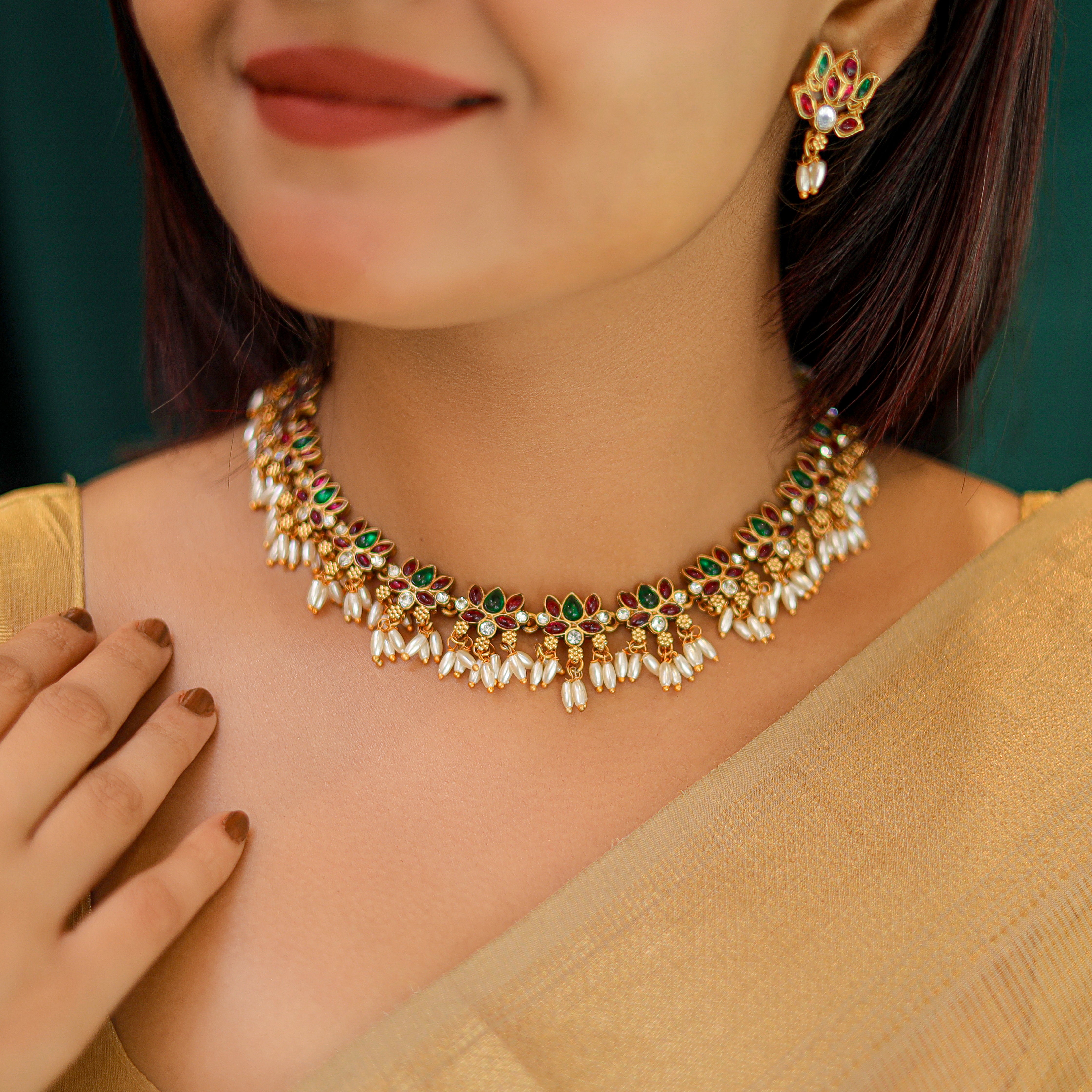 Anjali Lotus Rice Pearl Neckpiece With Earring