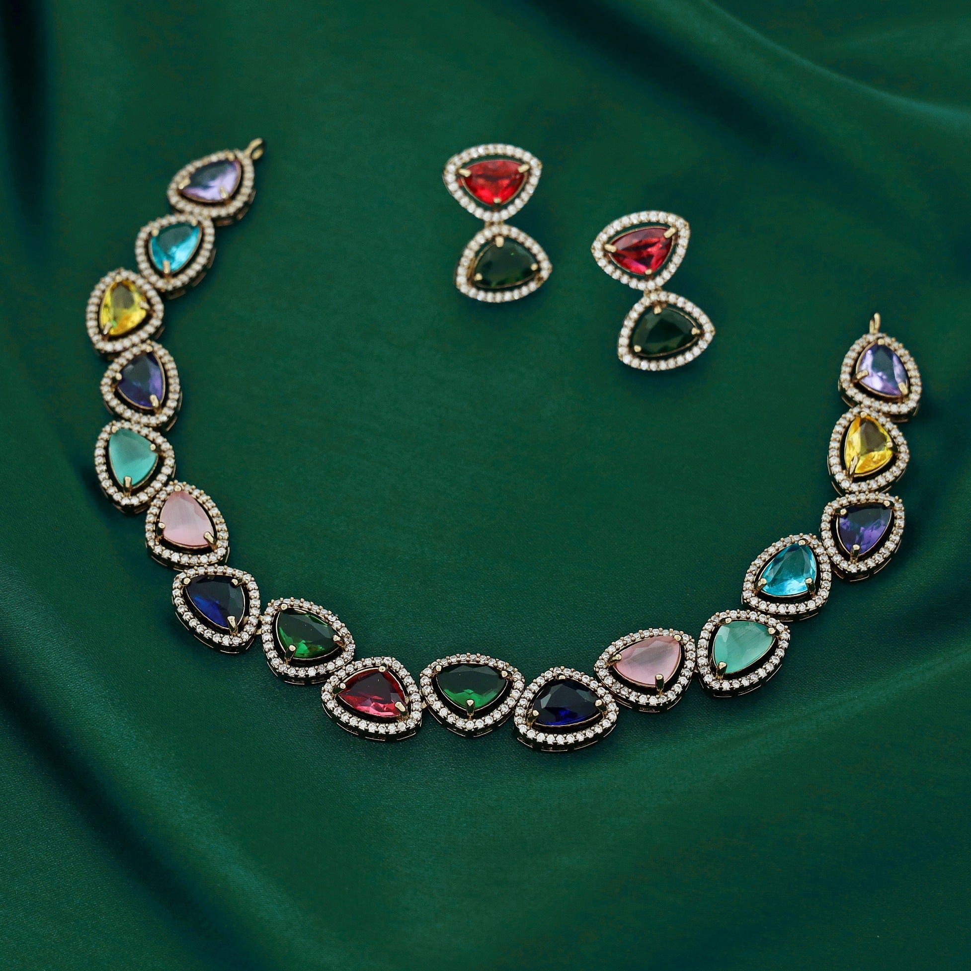 Premium Gems Triangle Short Neckpiece With Earring