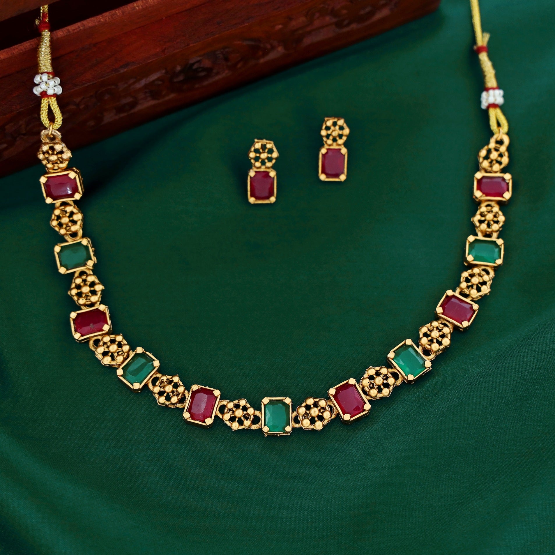 Yukti Golden Flower Glossy Rectangle Neckpiece With Earring