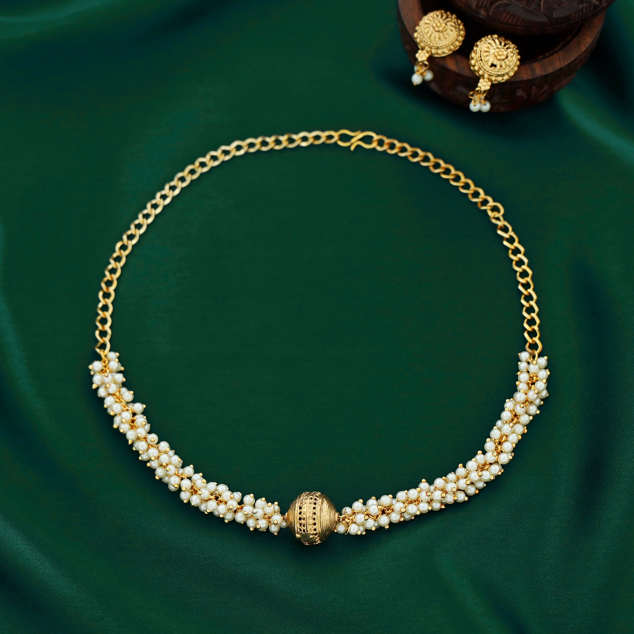Aadhya Cluster Pearl Gold Ball Choker with Earring