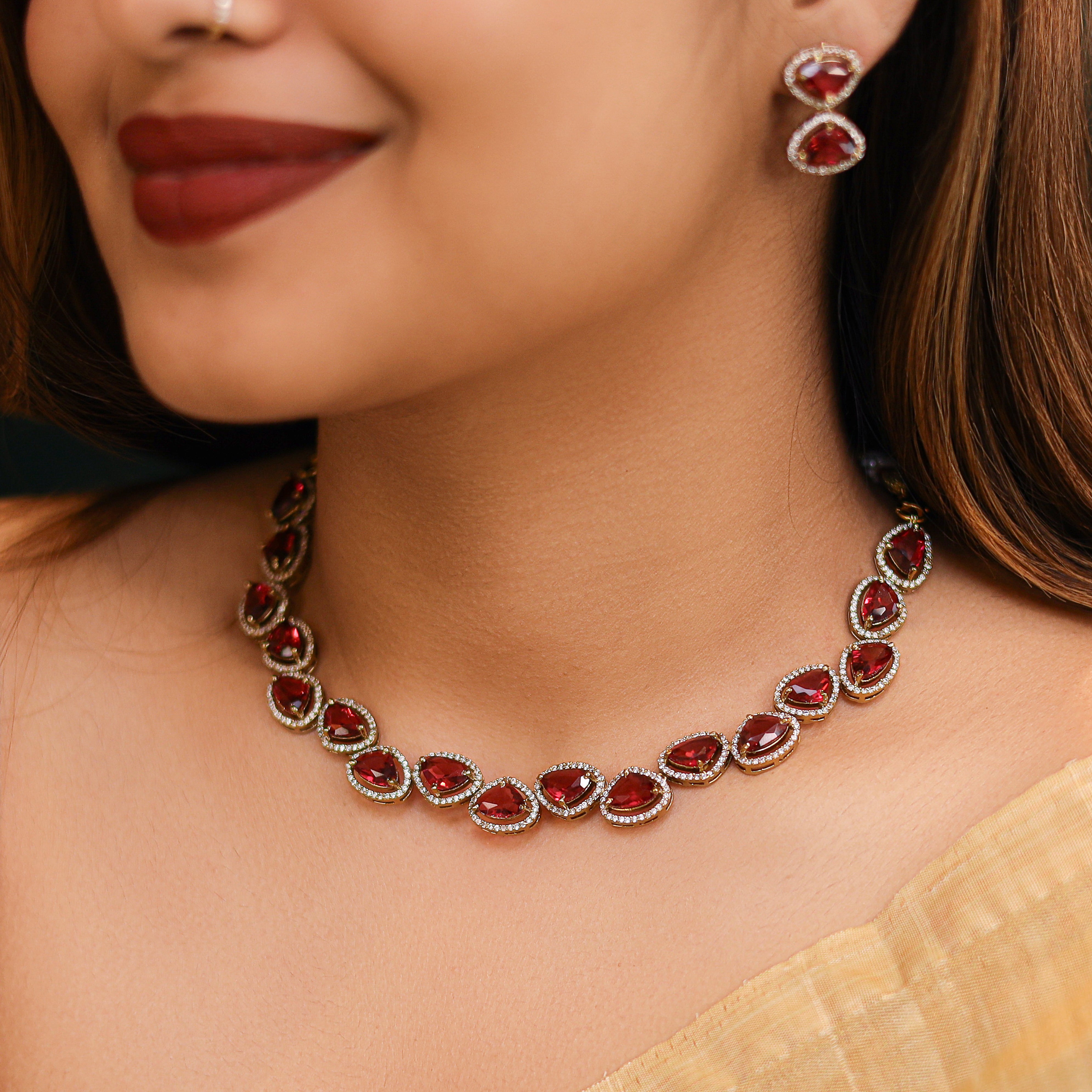 Premium Gems Triangle Short Neckpiece With Earring