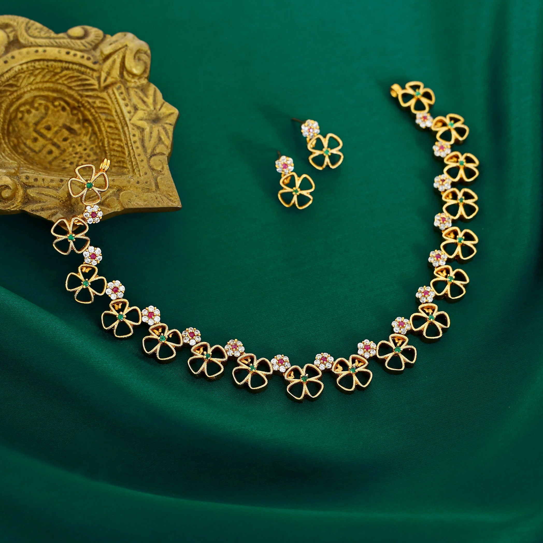 Shravani AD Stone Flower Neckpiece With Earring