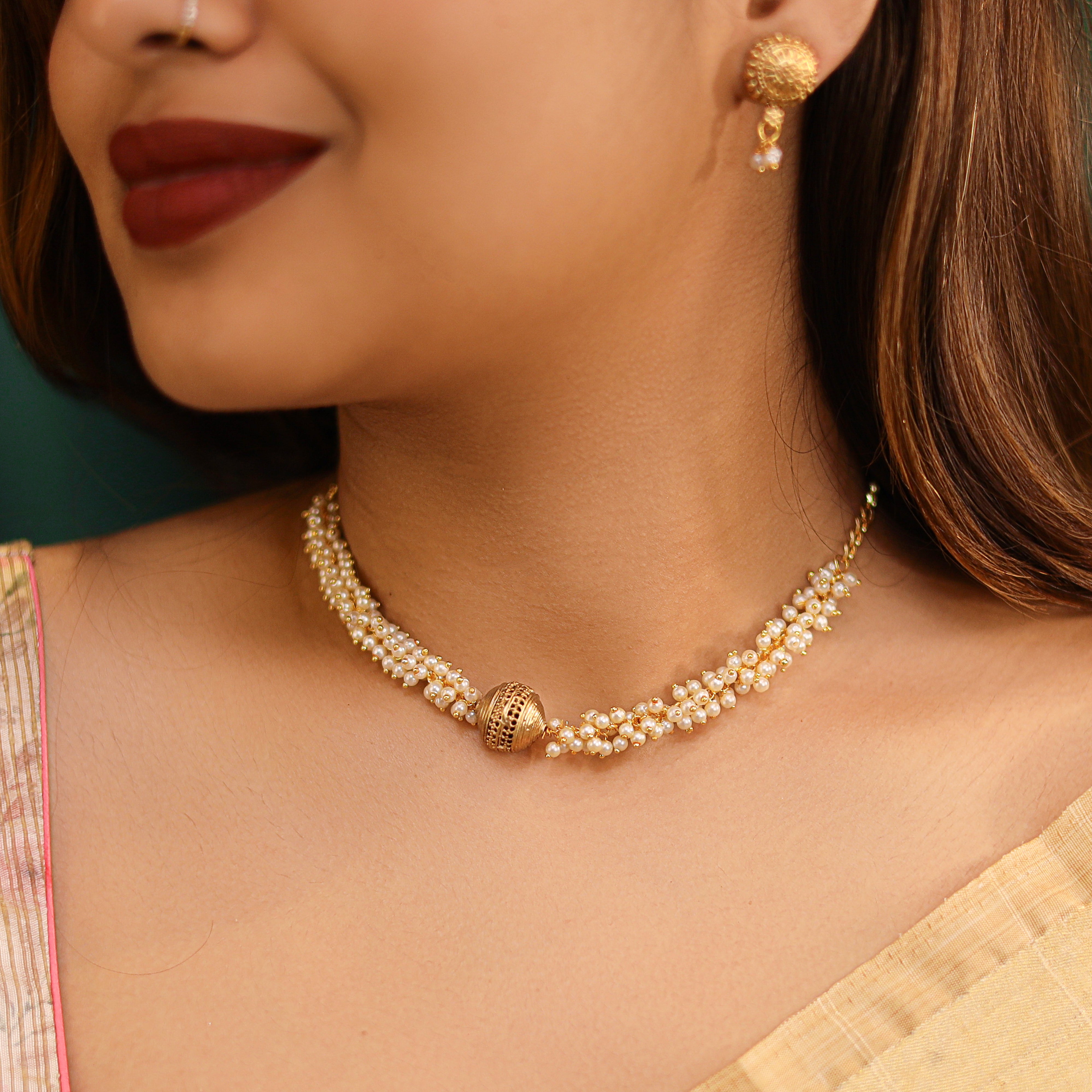 Aadhya Cluster Pearl Gold Ball Choker with Earring