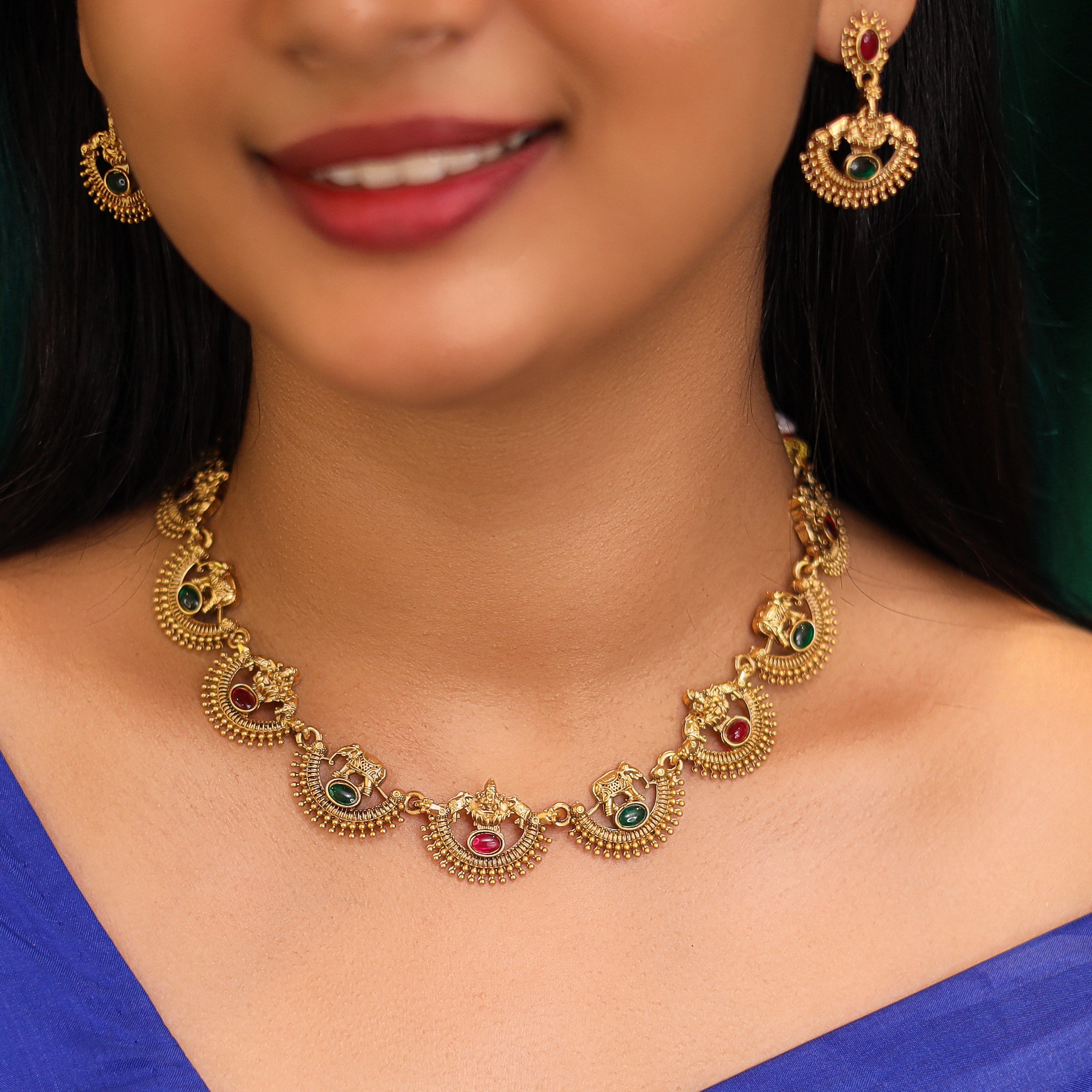 Traditional Airavat + Laxmi Short Neckpiece With Earring